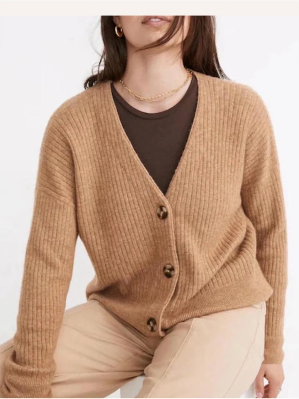 Madewell Ribbed V-Neck Button Cardigan in Camel size L. EUC. No flaws. - Picture 1 of 7